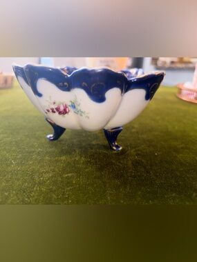 Vintage Nippon Cobalt Blue Trim Floral Porcelain Footed Bowl